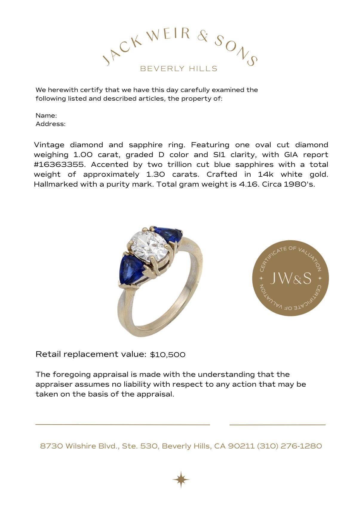 GIA 1,00 Karat oval geschliffener Diamant Saphir 14k Weißgold Verlobungsring im Angebot 1