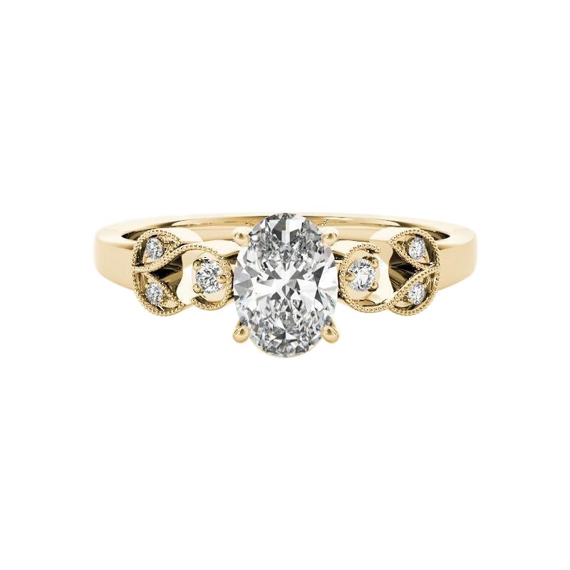 GIA 1.00 Carat Oval Formal Garden Leaf Trellis 18K Yellow Gold Diamond Ring
