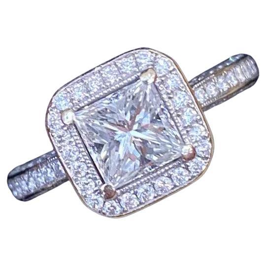 GIA 1.00 carat Princess cut Halo Diamond Ring in 18k White Gold For Sale