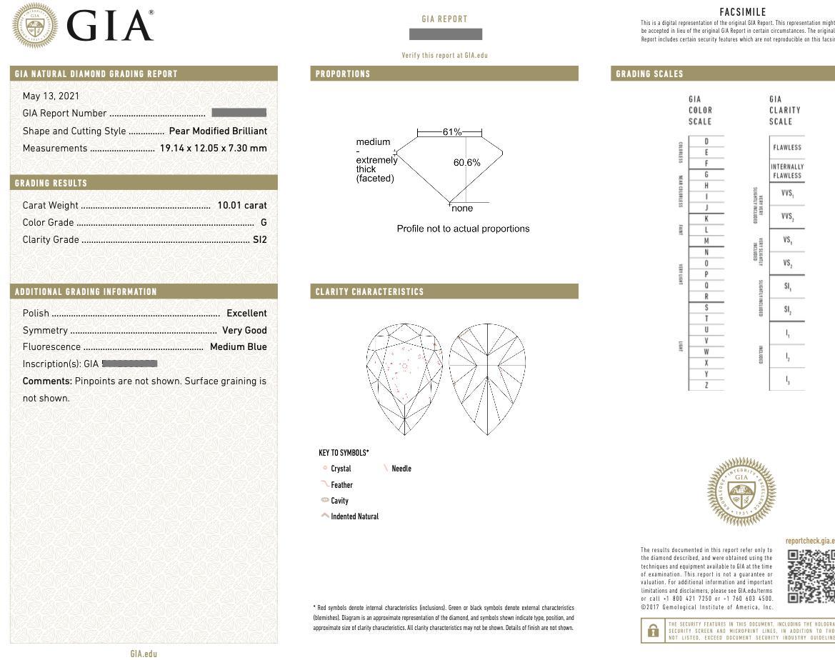 Bague personnalisée en or blanc 18 carats GIA 10,01 carats diamant en forme de poire Neuf - En vente à La Jolla, CA