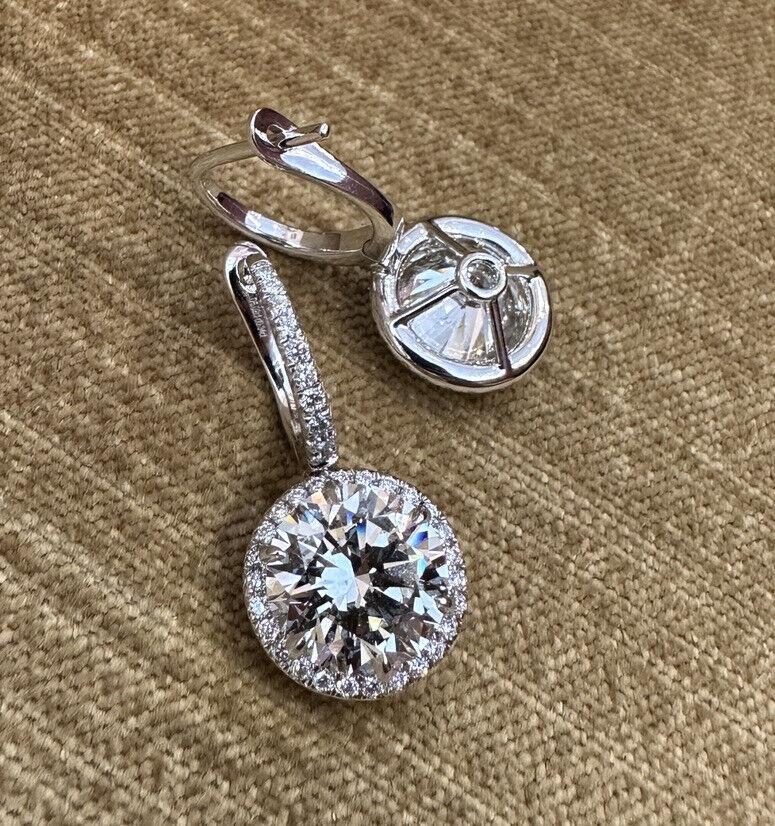GIA 10.04 Carat Total Ideal cut Round Diamonds Halo Drop Earrings 18k White Gold In Excellent Condition For Sale In La Jolla, CA