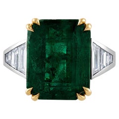 GIA 10.05ct Step cut Rectangular Green Emerald Diamond Plat 18k YG Ring