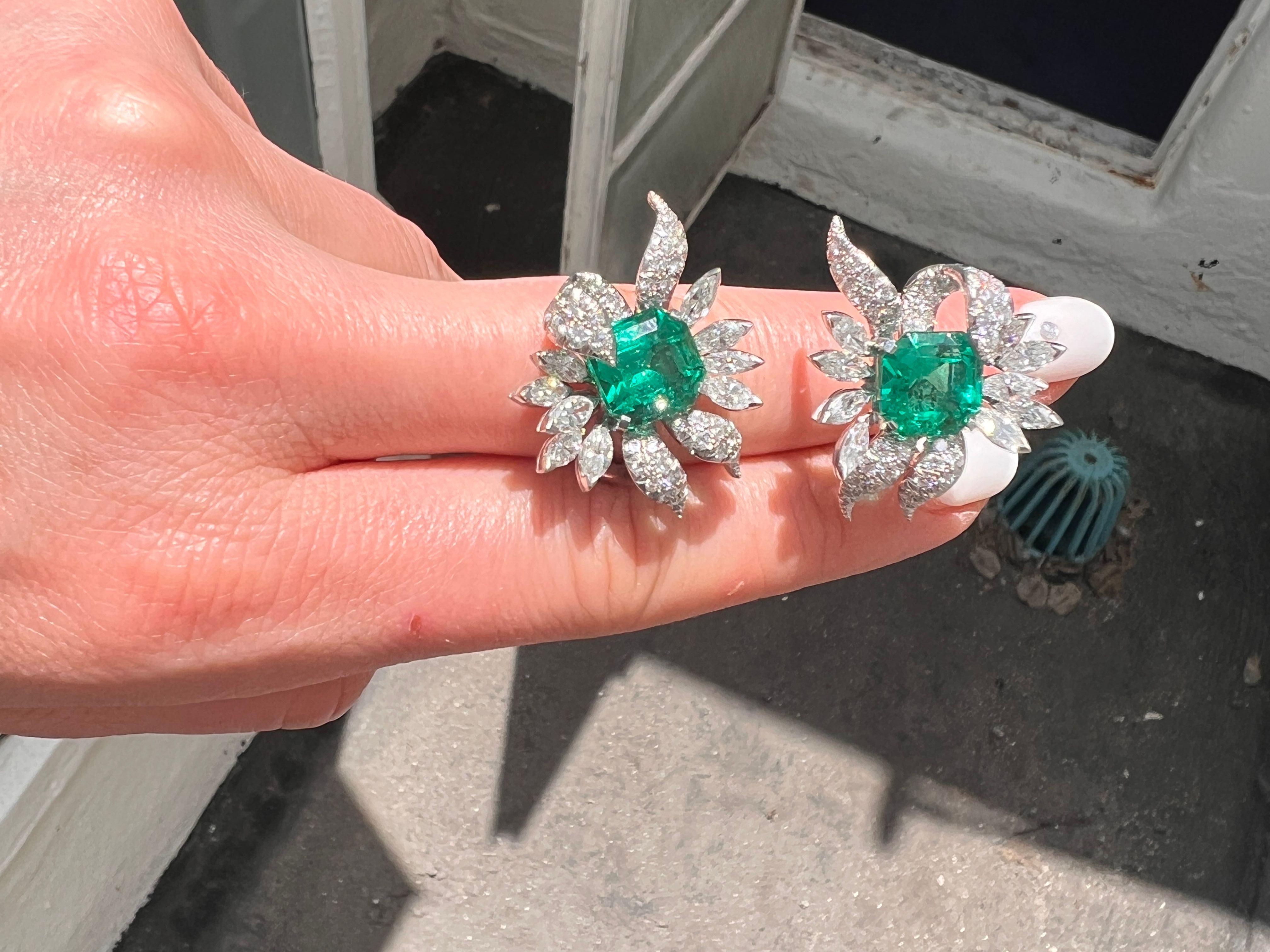 Emerald Cut GIA 10.07 Carat Colombia Minor Emerald and Diamond Retro Earrings For Sale