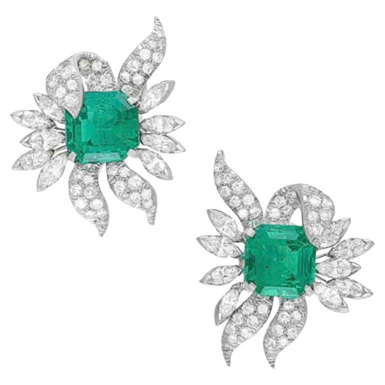 GIA 10.07 Carat Colombia Minor Emerald and Diamond Retro Earrings For Sale