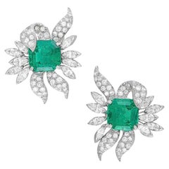 GIA 10.07 Carat Colombia Minor Emerald and Diamond Retro Earrings