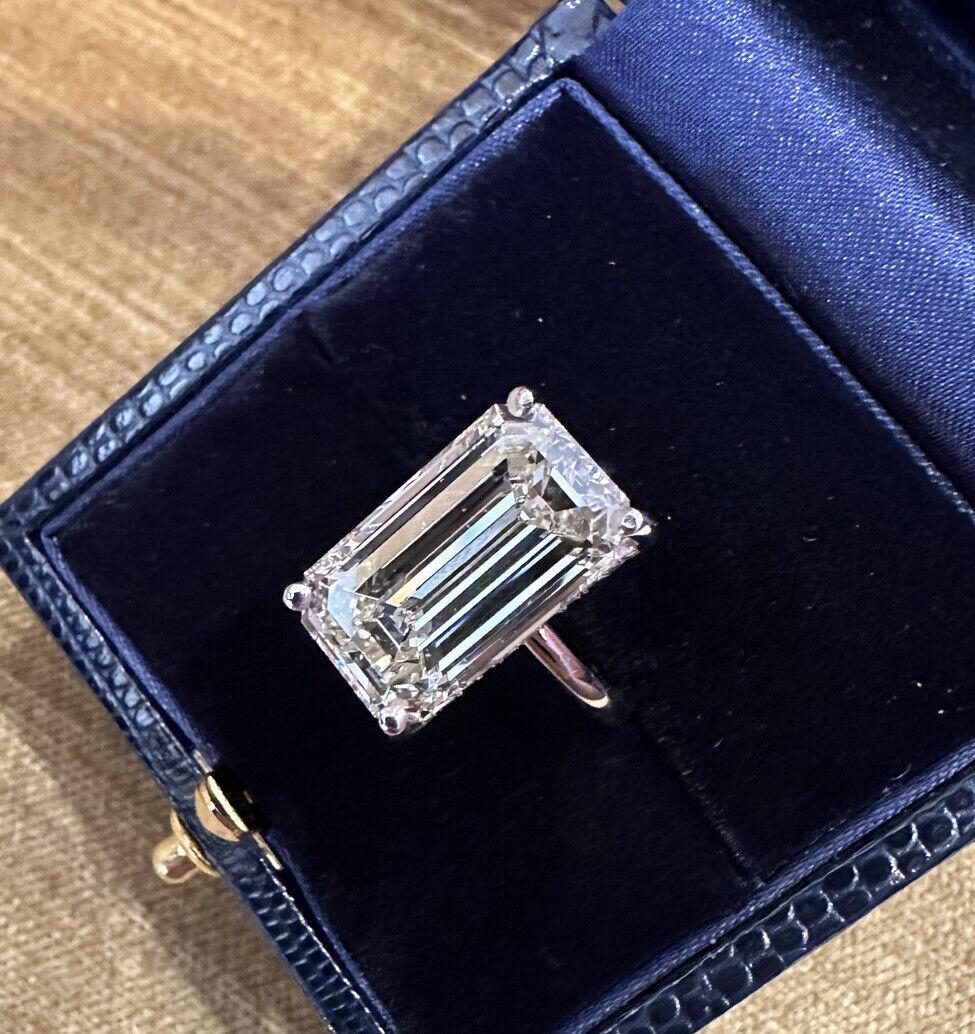 GIA certified 10.08 ct. Emerald Cut Diamond Ring in Platinum

Emerald Cut Diamond Ring features an Emerald Cut Diamond center with accent diamonds prong set in Platinum mounting.

Emerald Cut Diamond weighs 10.08 carat and is GIA certified (please