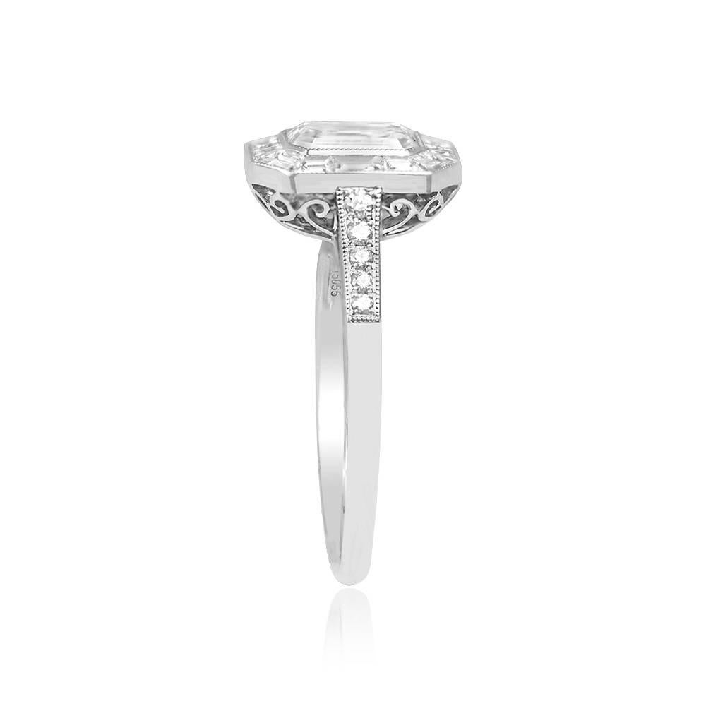 Art Deco GIA 1.00ct Emerald Cut Diamond Engagement Ring, Diamond Halo, Platinum For Sale