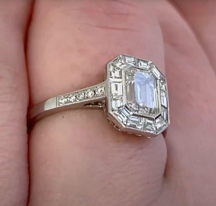 GIA 1.00ct Emerald Cut Diamond Engagement Ring, Diamond Halo, Platinum For Sale 1