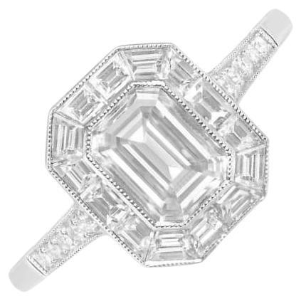 GIA 1.00ct Emerald Cut Diamond Engagement Ring, Diamond Halo, Platinum For Sale