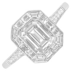 Used GIA 1.00ct Emerald Cut Diamond Engagement Ring, Diamond Halo, Platinum