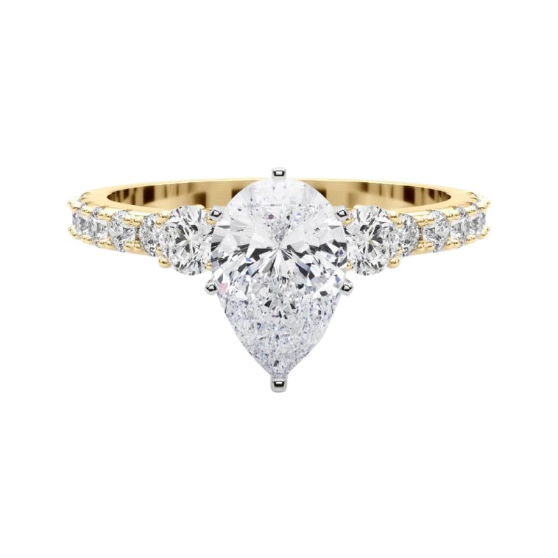 GIA 1,00 ct Anillo de diamantes de oro amarillo de 18 quilates con tres piedras de pera y mango de diamante