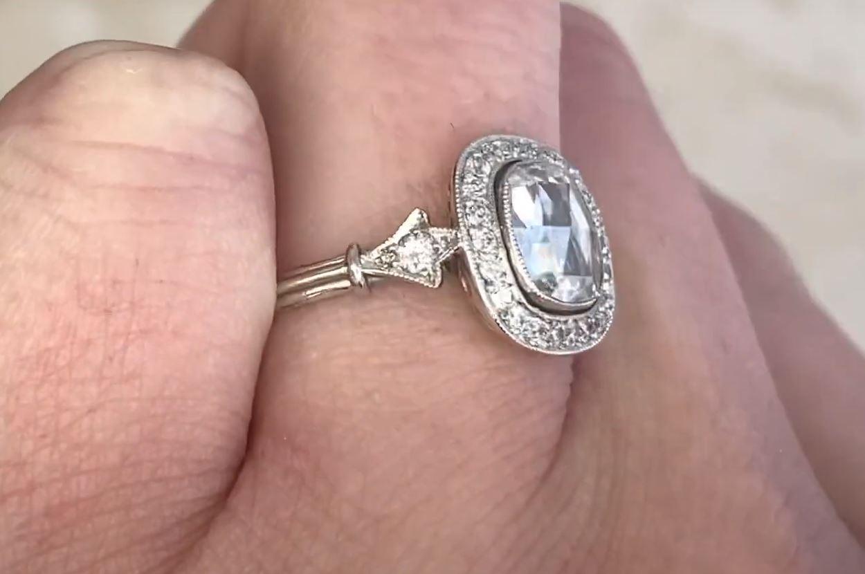 GIA 1.00ct Rose-Cut Diamond Engagement Ring, H Color, Vs1 Clarity, Diamond Halo In Excellent Condition For Sale In New York, NY