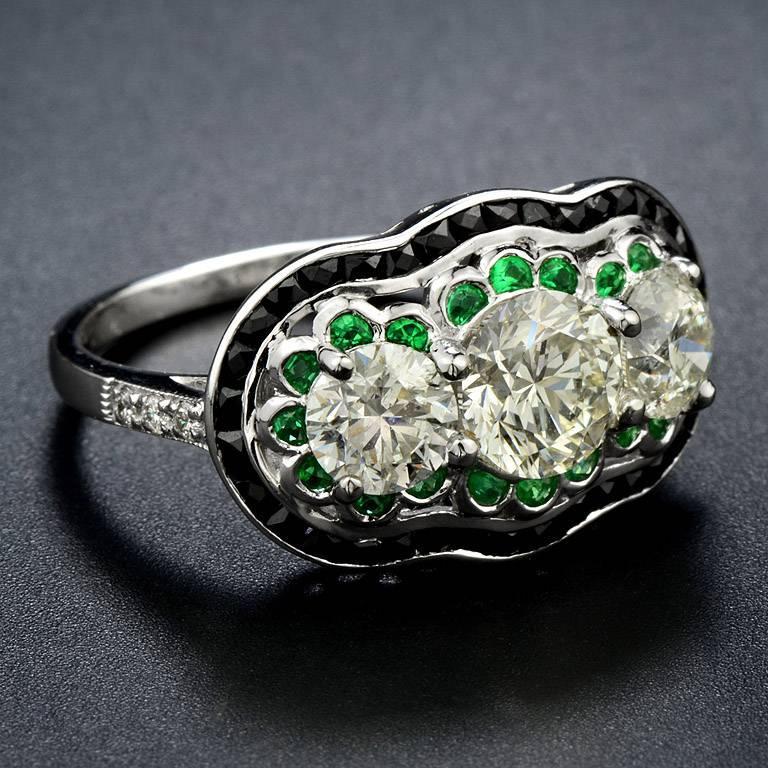 Art Deco GIA 1.01 Carat Diamond Emerald Onyx Cocktail Ring