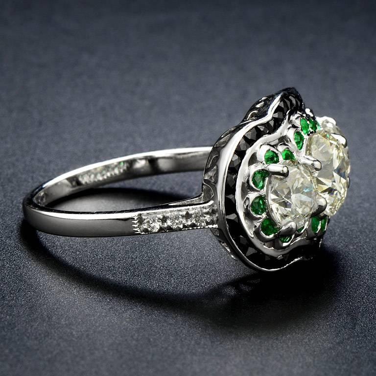 Round Cut GIA 1.01 Carat Diamond Emerald Onyx Cocktail Ring