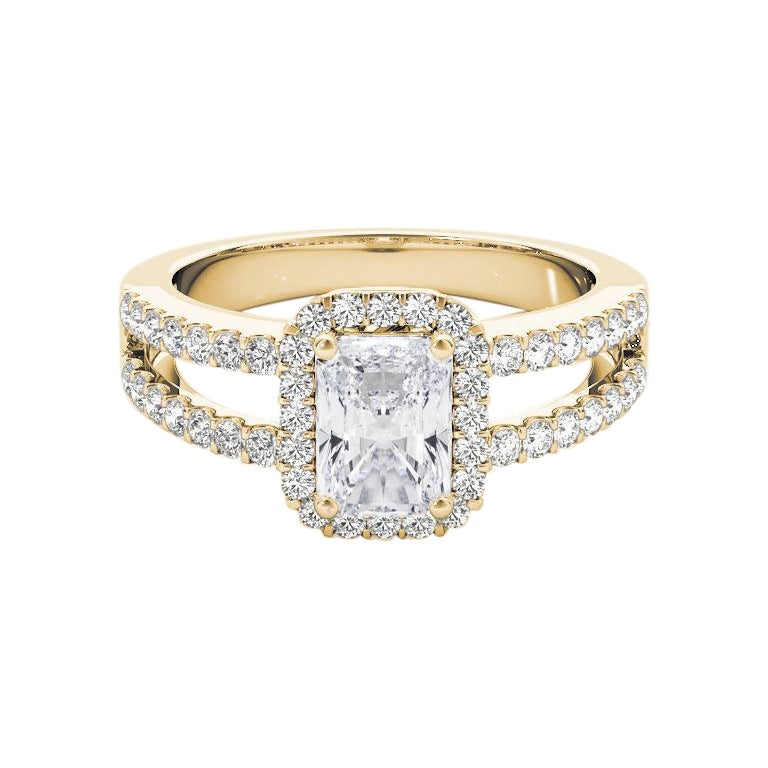 GIA 1.01 Carat Halo Radiant Filigree Split Shank 18K Yellow Gold Diamond Ring