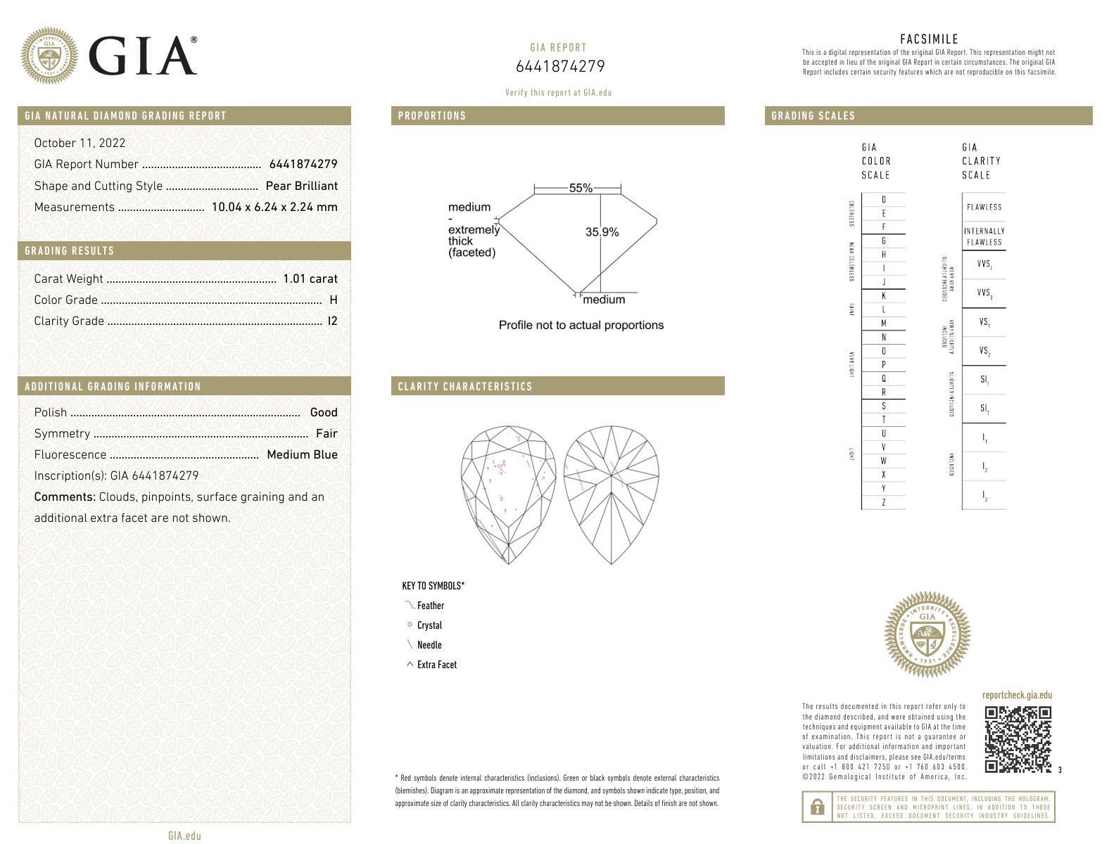 Women's or Men's GIA 1.01 Carat Pear Cut Diamond 18K Yellow Gold Engagement Ring For Sale