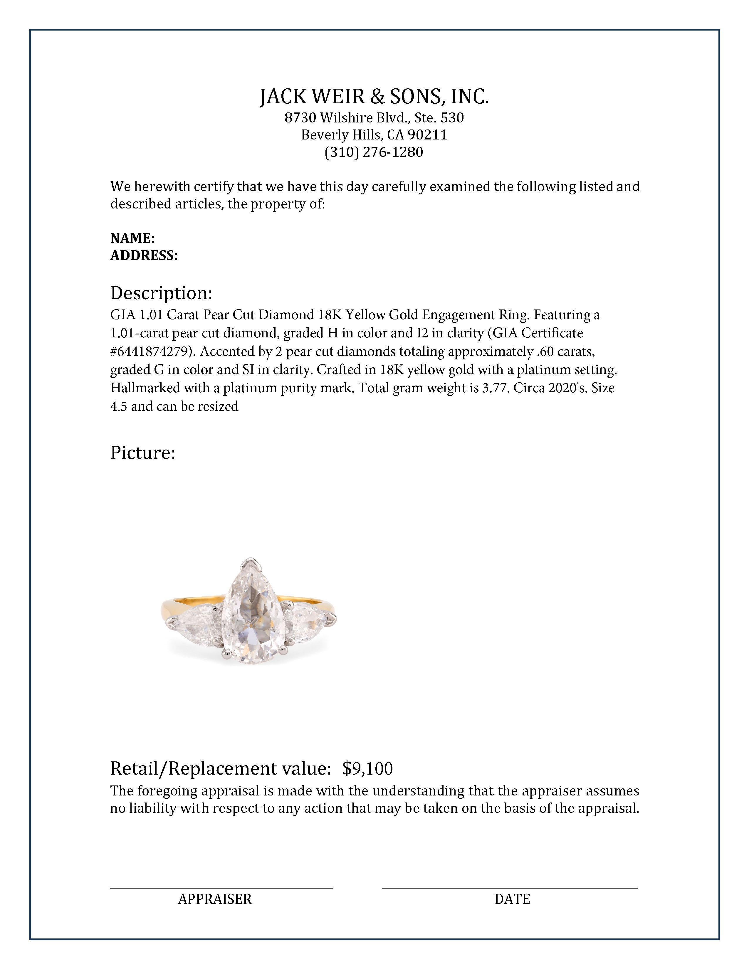 GIA 1.01 Carat Pear Cut Diamond 18K Yellow Gold Engagement Ring For Sale 1