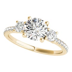 GIA 1.01 Carat Round Classic Three-Stone Pave 18K Yellow Gold Diamond Ring