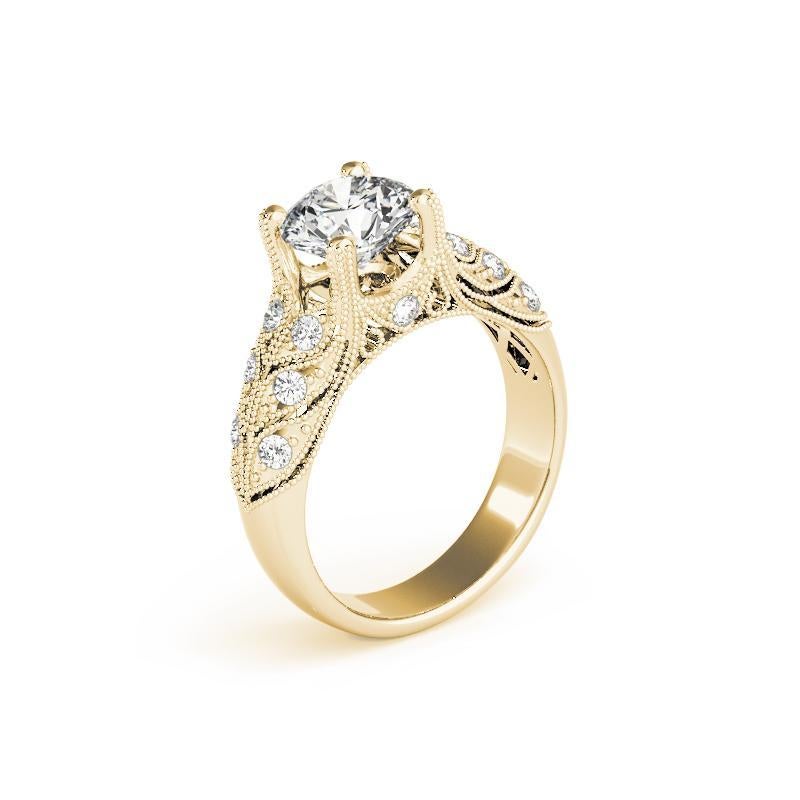 Donna GIA 1,01 Carati Rotondi Vintage Milgrain Pave Leaf Anello con Diamanti in Oro Giallo 18K in vendita