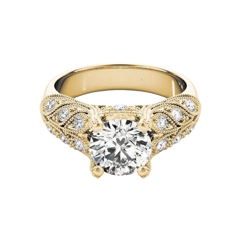 GIA 1,01 Carati Rotondi Vintage Milgrain Pave Leaf Anello con Diamanti in Oro Giallo 18K