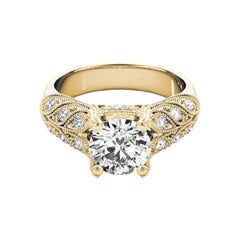 GIA 1,01 Carati Rotondi Vintage Milgrain Pave Leaf Anello con Diamanti in Oro Giallo 18K