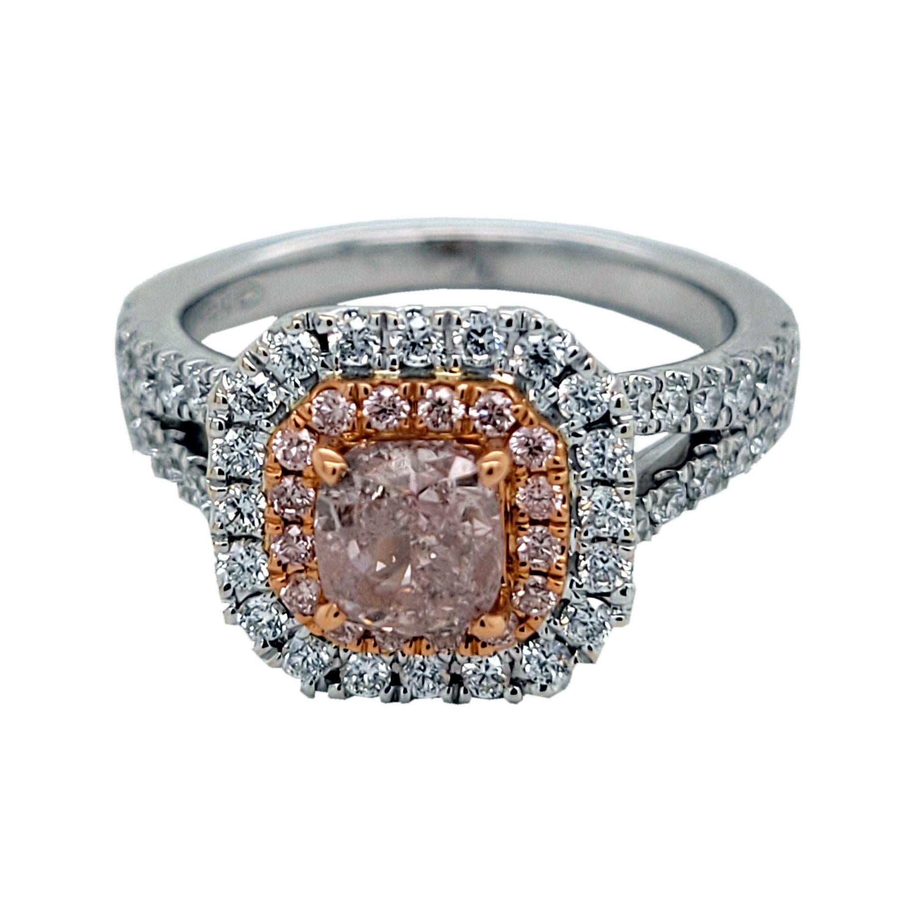 Cushion Cut GIA 1.01 Ct Fancy Light Pink Cushion Pave Set 18K Engagement Ring with Halo For Sale