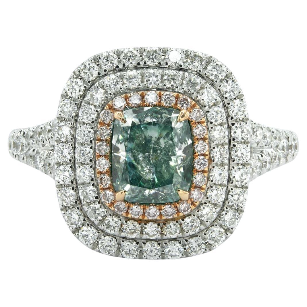 GIA 1.01 Fancy Green Yellow Carat Cushion Shape Diamond Ring For Sale
