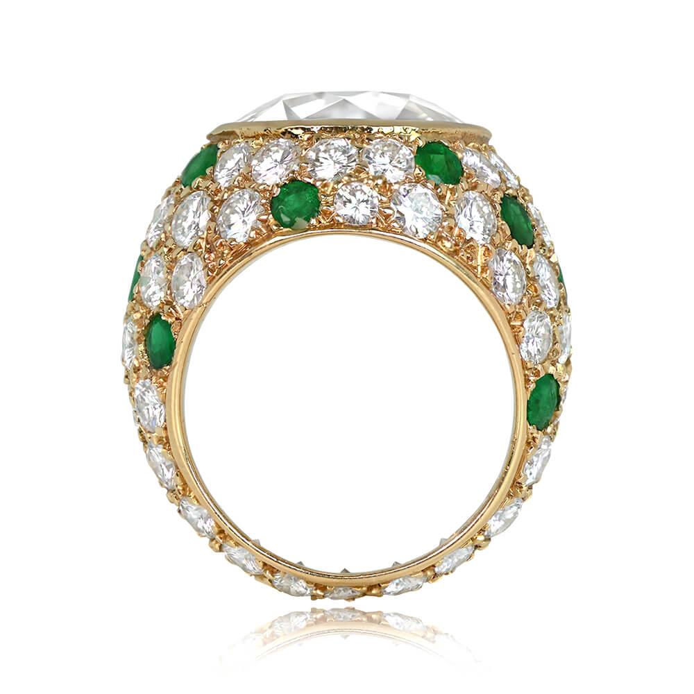 GIA-certified 10.10ct diamond and emerald ring in an 18k yellow gold mounting. The center diamond is J color and VS1 clarity. The mounting is studded with collection-grade round brilliant cut diamonds and emeralds. The total diamond weight is