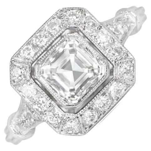GIA 1.01ct Asscher Cut Diamond Engagement Ring, Diamond Halo, Platinum For Sale