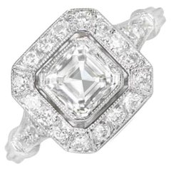 Used GIA 1.01ct Asscher Cut Diamond Engagement Ring, Diamond Halo, Platinum