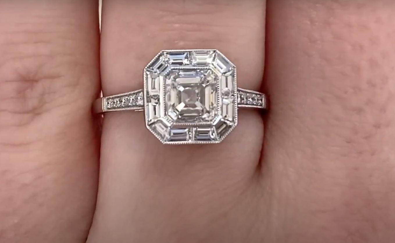 Women's GIA 1.01ct Asscher Cut Diamond Engagement Ring, H Color, Diamond Halo, Platinum