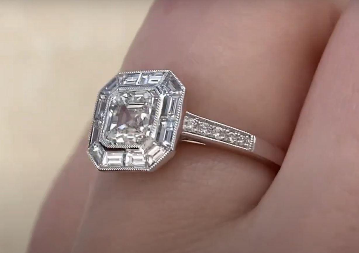 GIA 1.01ct Asscher Cut Diamond Engagement Ring, H Color, Diamond Halo, Platinum For Sale 2