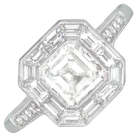 GIA 1.01ct Asscher Cut Diamond Engagement Ring, H Color, Diamond Halo, Platinum