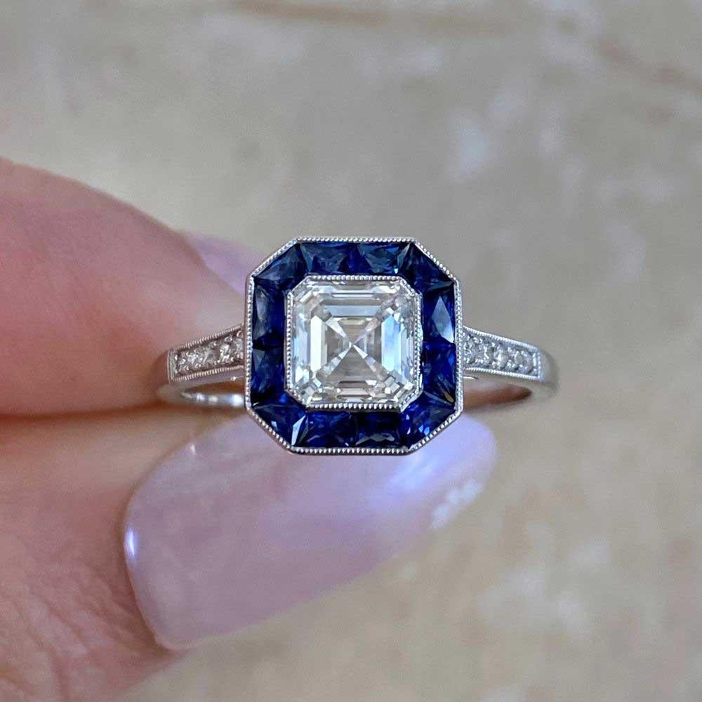 GIA 1.01ct Asscher Cut Diamond Engagement Ring, H Color, Sapphire Halo, Platinum For Sale 5