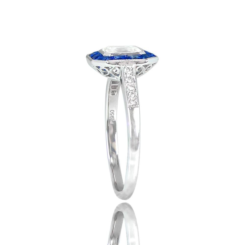 Art Deco GIA 1.01ct Asscher Cut Diamond Engagement Ring, H Color, Sapphire Halo, Platinum For Sale