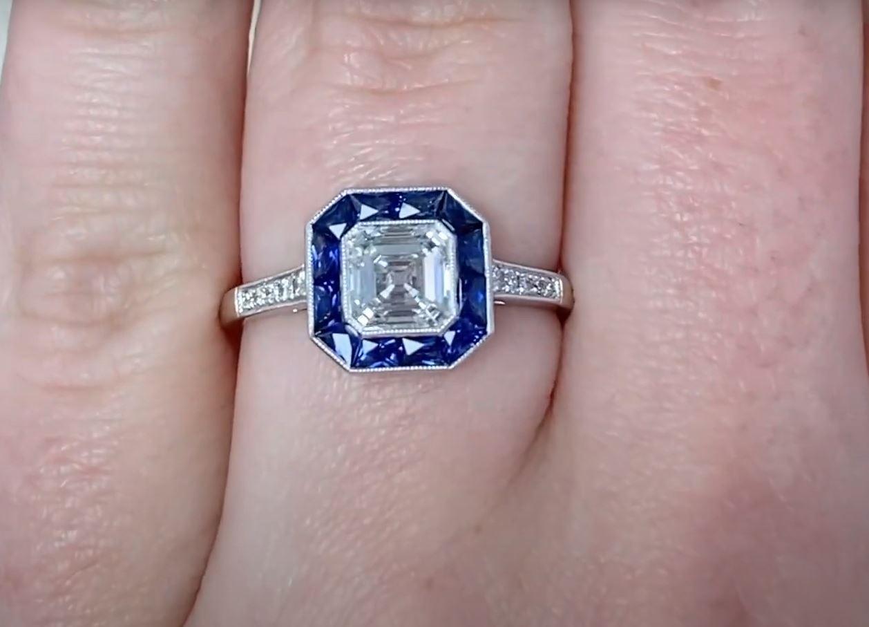 Women's GIA 1.01ct Asscher Cut Diamond Engagement Ring, H Color, Sapphire Halo, Platinum For Sale