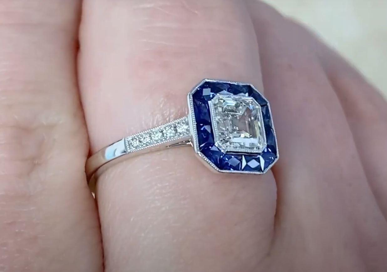 GIA 1.01ct Asscher Cut Diamond Engagement Ring, H Color, Sapphire Halo, Platinum For Sale 1