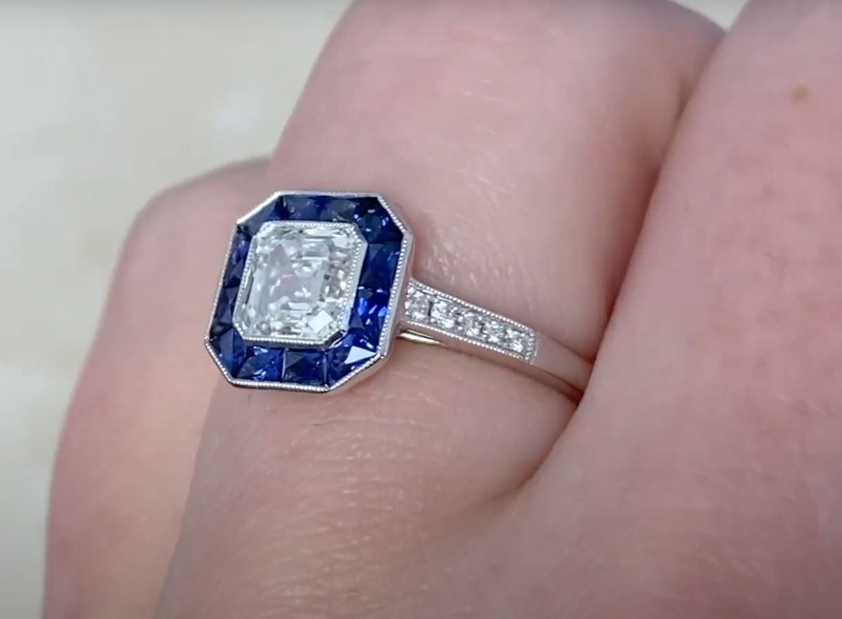 GIA 1.01ct Asscher Cut Diamond Engagement Ring, H Color, Sapphire Halo, Platinum For Sale 2