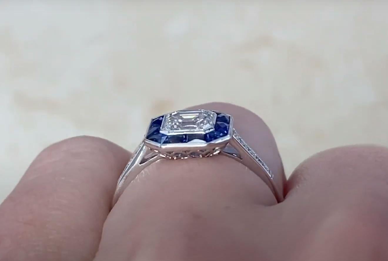 GIA 1.01ct Asscher Cut Diamond Engagement Ring, H Color, Sapphire Halo, Platinum For Sale 3