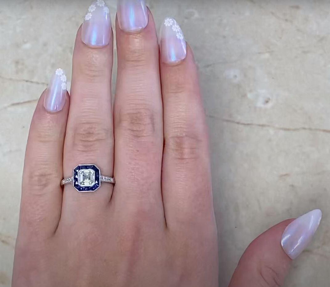 GIA 1.01ct Asscher Cut Diamond Engagement Ring, H Color, Sapphire Halo, Platinum For Sale 4