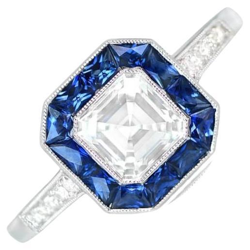 GIA 1.01ct Asscher Cut Diamond Engagement Ring, H Color, Sapphire Halo, Platinum For Sale