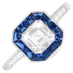 Bague de fiançailles GIA 1.01ct Asscher Cut Diamond, H Color, Sapphire Halo, Platinum