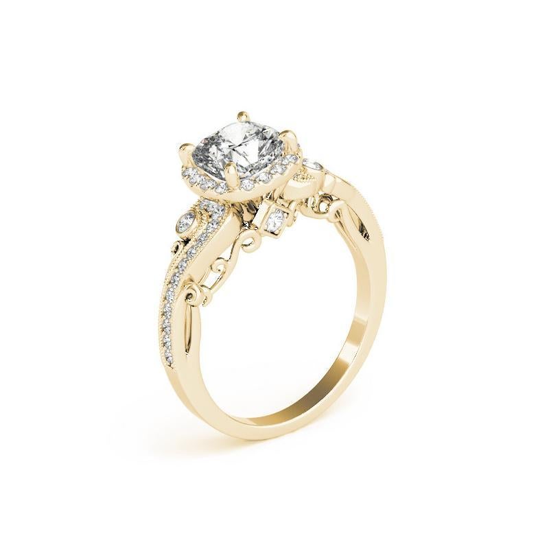 GIA 1.01ct Cushion Antique Halo Multi-Stone Curved Yellow Gold Diamond Ring (bague à diamant en or jaune) Pour femmes en vente