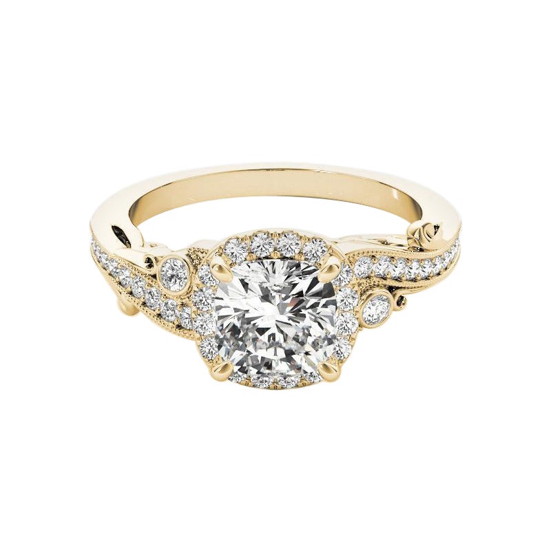 GIA 1.01ct Cushion Antique Halo Multi-Stone Curved Yellow Gold Diamond Ring