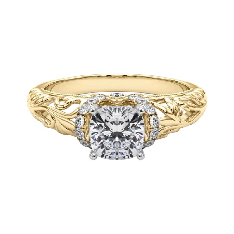 GIA 1,01ct Cuscino Chevron Halo Filigrana floreale in oro giallo 18 carati