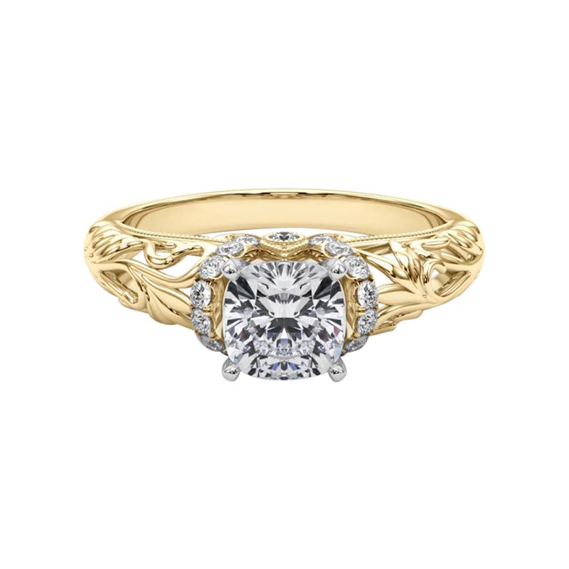 GIA 1,01ct Cuscino Chevron Halo Filigrana floreale in oro giallo 18 carati