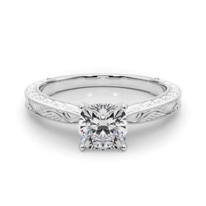 GIA 1.01ct Cushion Classic Solitaire Antique Engraved White Gold Diamond Ring