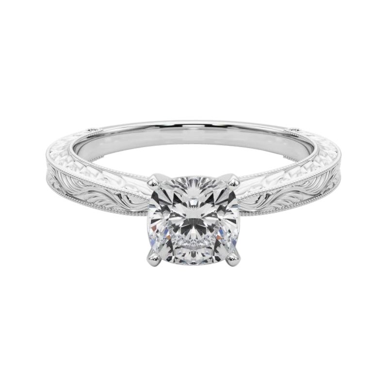 GIA 1.01ct Cushion Classic Solitaire Antique Gravé Bague diamant en or blanc en vente