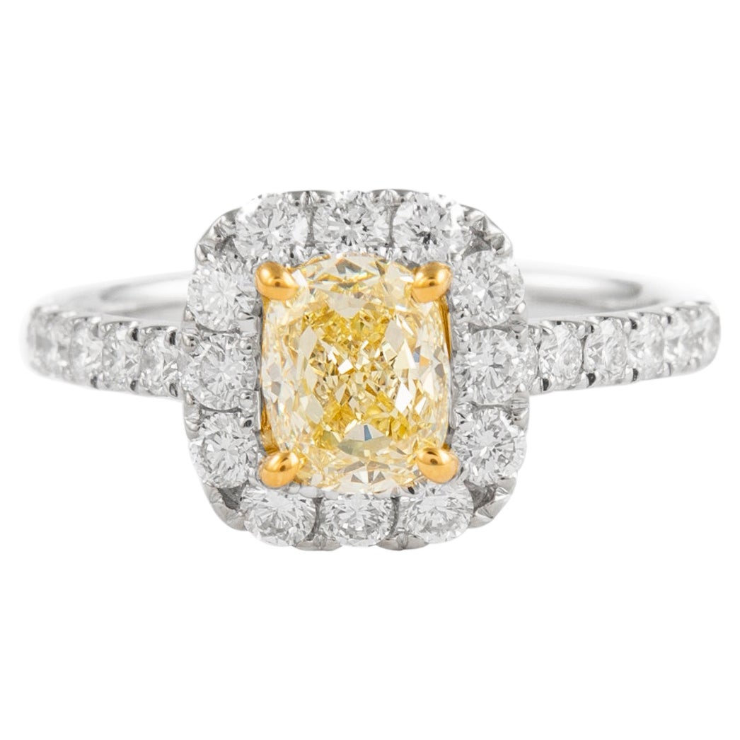 Bague en or blanc 18 carats avec diamant jaune fantaisie taille coussin de 1,01 carat et halo de diamants, certifié GIA