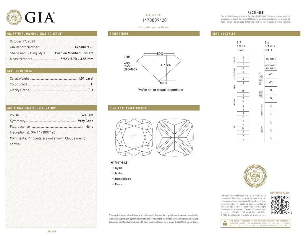 Contemporain GIA 1.01ct Cushion Slim Band Prong Set Solitaire  Bague en diamant en vente
